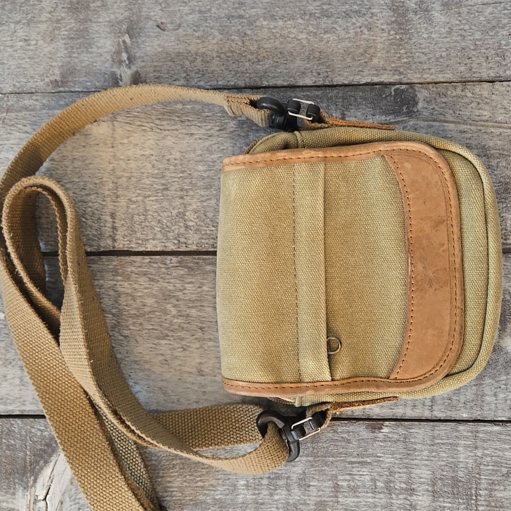 L.L. Bean Vintage Canvas Crossbody Organizer Bag Khaki Canvas Leather Trim 90s
